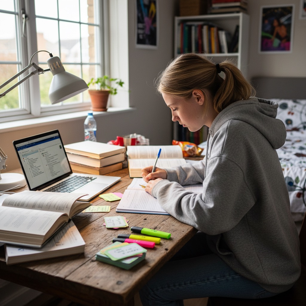 A teenage girl wearing a gray hoodie sits at a wooden desk, writing in a notebook next to an open laptop and textbooks.